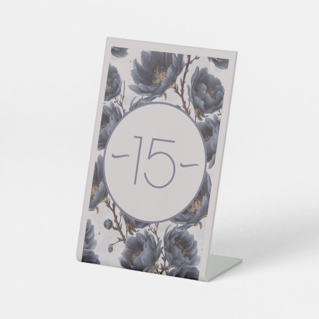 Elegant dusty navy blue flower table number pedestal sign (Front)