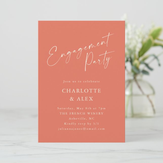 Elegant Dusty Orange Script Engagement Party Invitation (Standing Front)