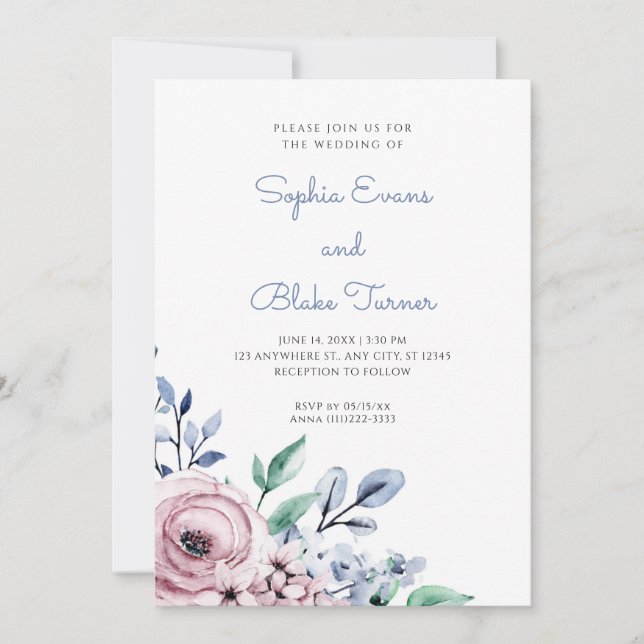 Elegant Dusty Pink and Blue Floral White Wedding Invitation (Front)