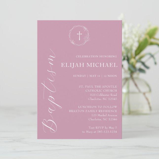Elegant Dusty Pink Baptism Cross Wreath Invitation (Standing Front)