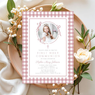 Elegant Dusty Pink Bow Photo Girl First Communion Invitation