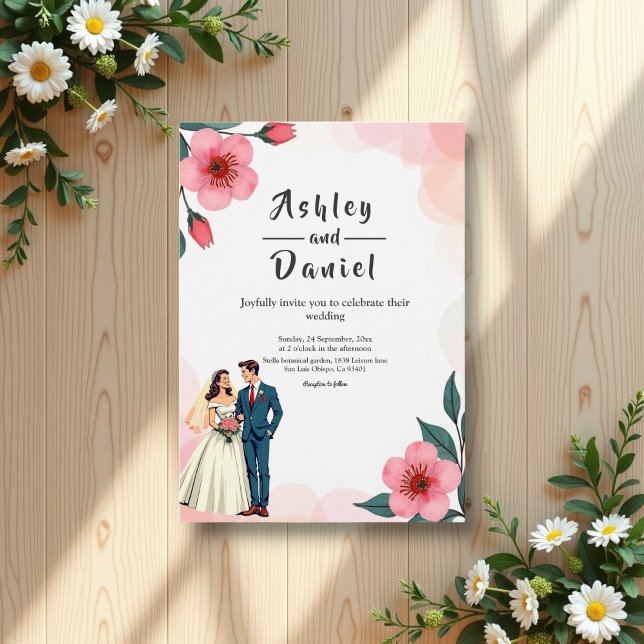 Elegant Dusty Pink Bride And Groom Floral Wedding Invitation (Creator Uploaded)