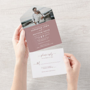 Elegant Dusty Pink Calligraphy Photo Wedding All In One Invitation