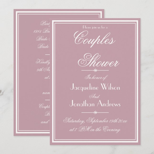 Elegant Dusty Pink Chic Script RSVP Couples Shower Invitation (Front/Back)