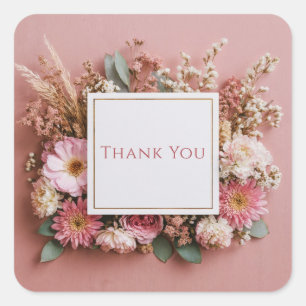 Elegant Dusty Pink Dried Floral Gold Frame Rustic Square Sticker