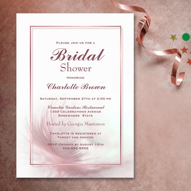 Elegant Dusty Pink Feather Bridal Shower Invitation (Creator Uploaded)