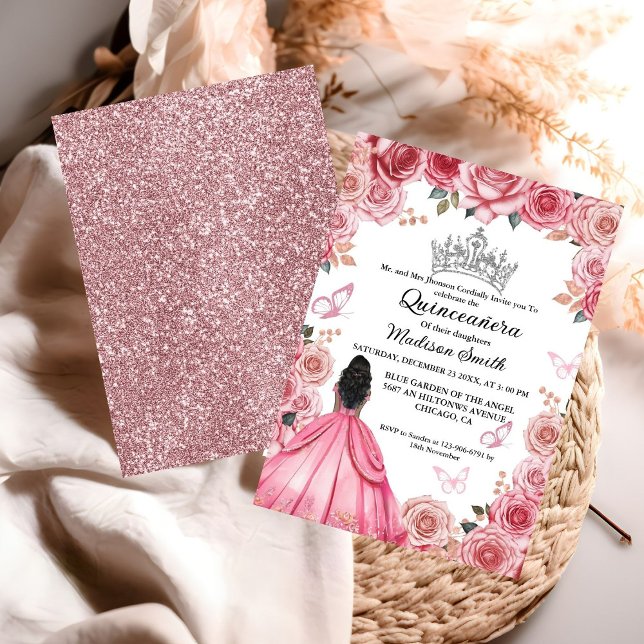 Elegant Dusty Pink Floral Butterfly Quinceanera  Invitation (Creator Uploaded)