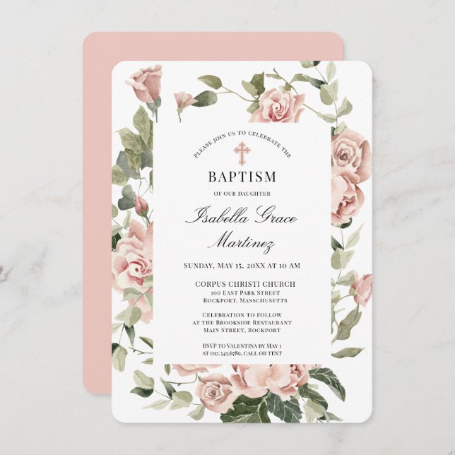 Elegant Dusty Pink Floral Cross Baptism Invitation (Front/Back)