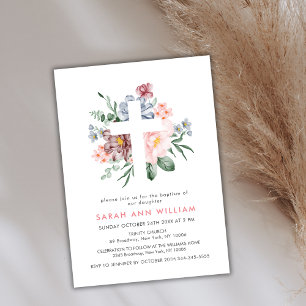 Elegant Dusty Pink Floral Eucalyptus Cross Baptism Invitation
