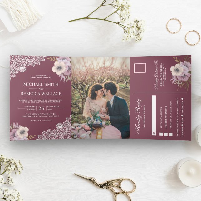 Elegant Dusty Pink Floral Lace Wedding Photo Tri-Fold Invitation (Creator Uploaded)