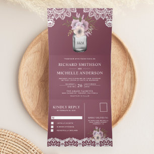 Elegant Dusty Pink Floral Mason Jar Lace Wedding Tri-Fold Invitation
