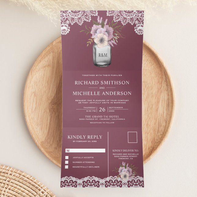 Elegant Dusty Pink Floral Mason Jar Lace Wedding Tri-Fold Invitation (Creator Uploaded)