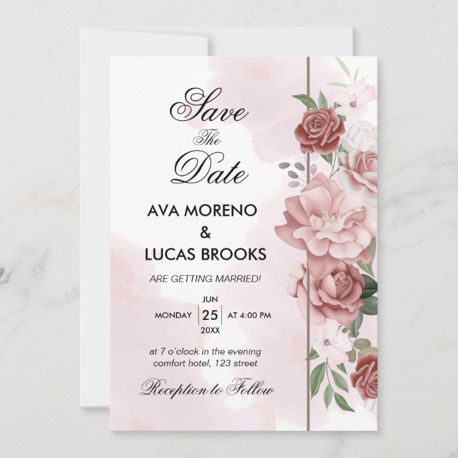 Elegant Dusty Pink Floral Rose Sage Green Romantic Invitation (Front)
