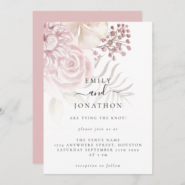 Elegant Dusty Pink Florals Informal Script Wedding Invitation (Front/Back)