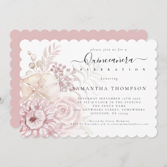 Elegant Dusty Pink Florals Quinceañera Invitation (Front/Back)