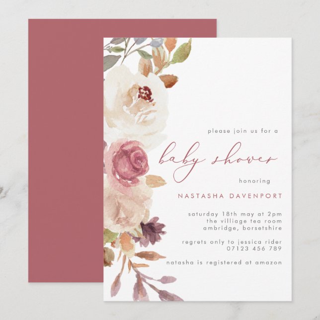 Elegant Dusty Pink  Flowers Baby Shower Invitation (Front/Back)