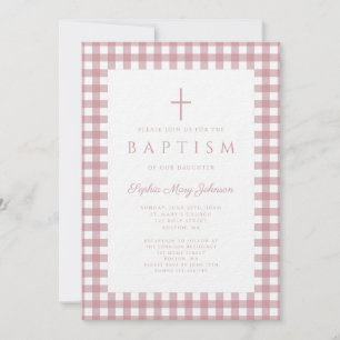 Elegant Dusty Pink Gingham Girl Baptism Invitation