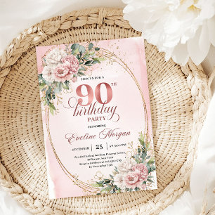 Elegant Dusty Pink Gold Greenery 90th Birthday  Invitation
