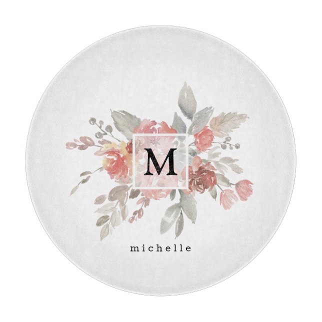 Elegant Dusty Pink Grey Flower Monogram Cutting Board (Front)