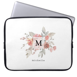 Elegant Dusty Pink Grey Flower Monogram  Laptop Sleeve