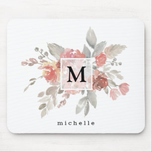 Elegant Dusty Pink Grey Flower Monogram Mouse Pad