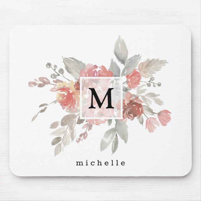 Elegant Dusty Pink Grey Flower Monogram Mouse Pad (Front)