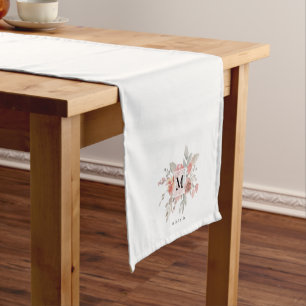 Elegant Dusty Pink Grey Flower Monogram Short Table Runner