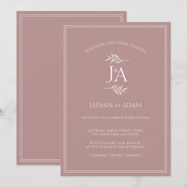 Elegant Dusty Pink Monogram Wedding  Invitation (Front/Back)