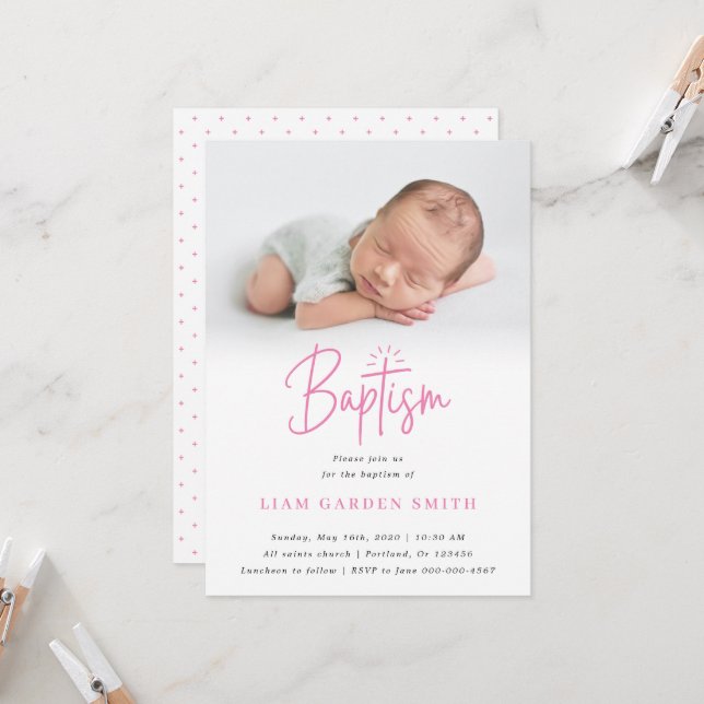 Elegant Dusty Pink Pastel Script Baptism Photo  In Invitation (Front/Back In Situ)