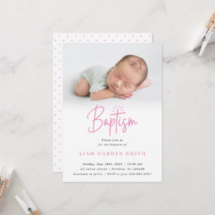 Elegant Dusty Pink Pastel Script Baptism Photo  In Invitation