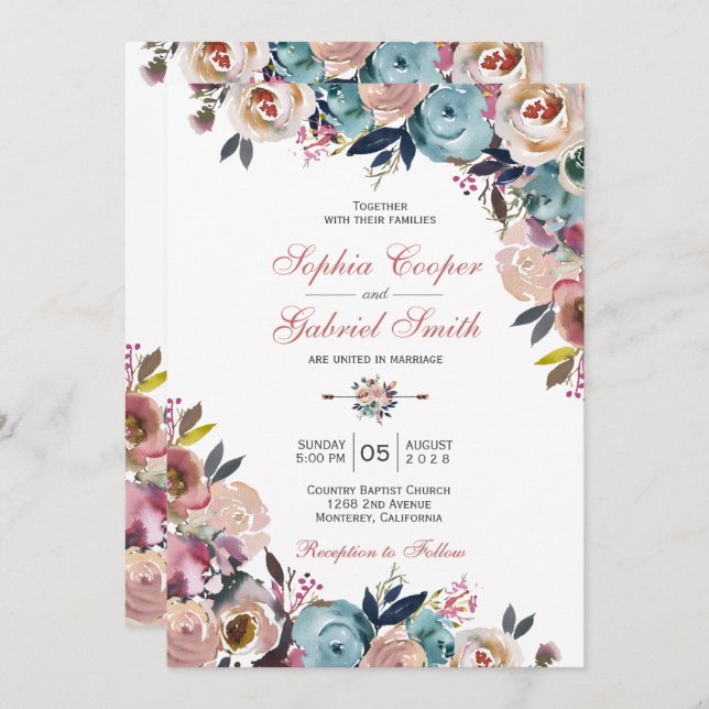 Elegant Dusty Pink Peach Blue Floral Wedding Invitation (Front/Back)