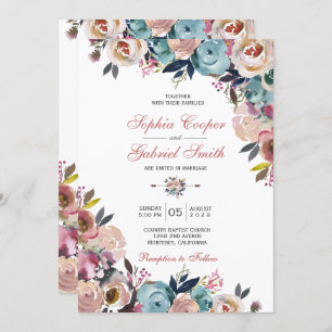 Elegant Dusty Pink Peach Blue Floral Wedding Invitation