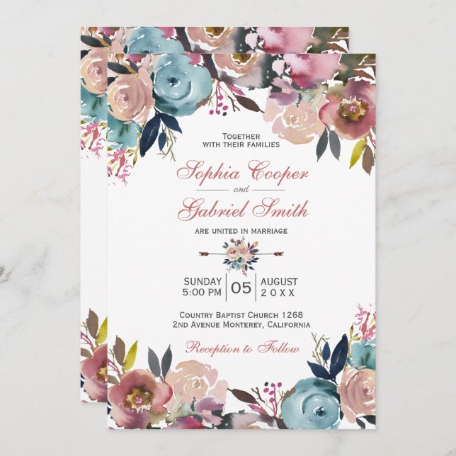 Elegant Dusty Pink Peach Blue Floral Wedding Invitation (Front/Back)