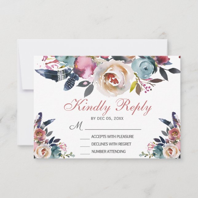 Elegant Dusty Pink Peach Blue Floral Wedding RSVP (Front)