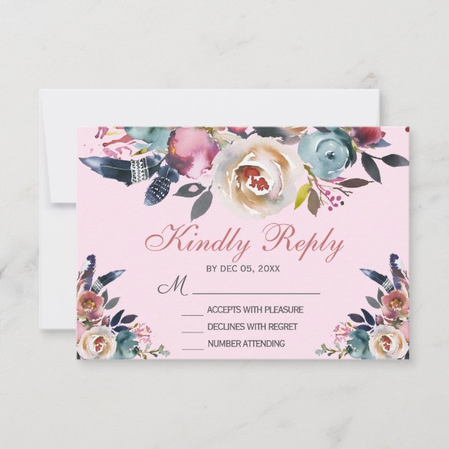 Elegant Dusty Pink Peach Blue Floral Wedding RSVP Card (Front)