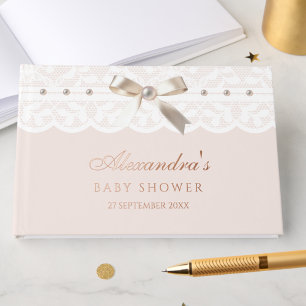 Elegant Dusty Pink Pearls Bow Lace Baby Shower Guest Book