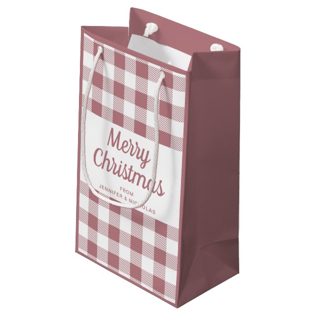 Elegant Dusty Pink Plaid Christmas Small Gift Bag (Back Angled)