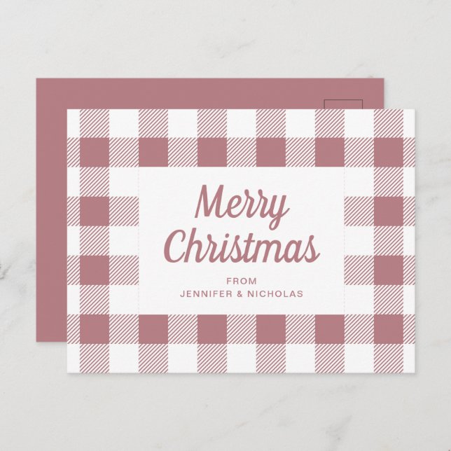 Elegant Dusty Pink Plaid Merry Christmas Postcard (Front/Back)