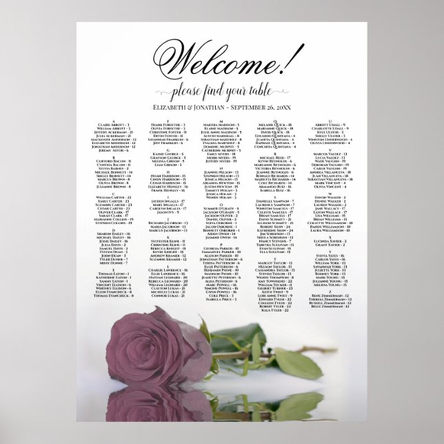 Elegant Dusty Pink Rose Alphabetical Seating Chart (Front)
