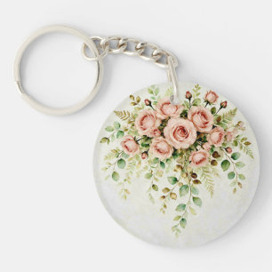 Elegant Dusty Pink Rose and Eucalyptus Floral Key Ring