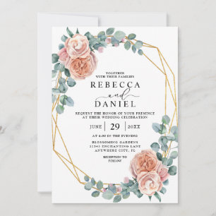 Elegant Dusty Pink Rose and Gold Floral Wedding Invitation