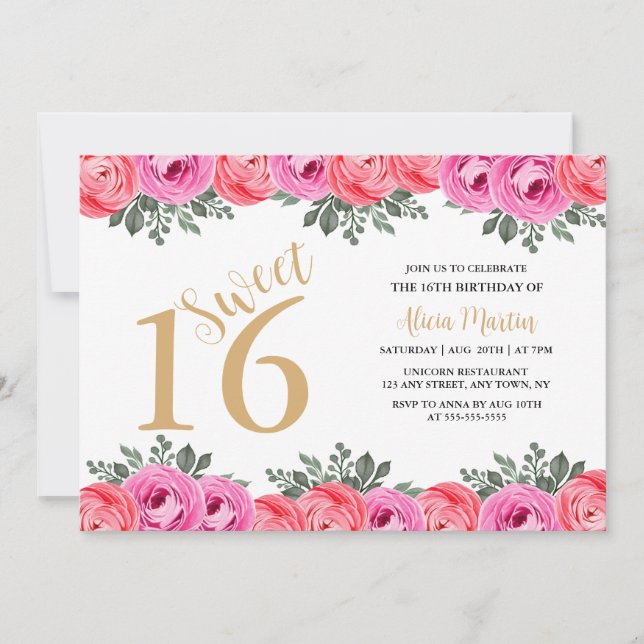 Elegant Dusty Pink Rose Flora Gold Sweet 16 Invitation (Front)