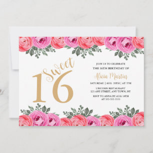 Elegant Dusty Pink Rose Flora Gold Sweet 16 Invitation