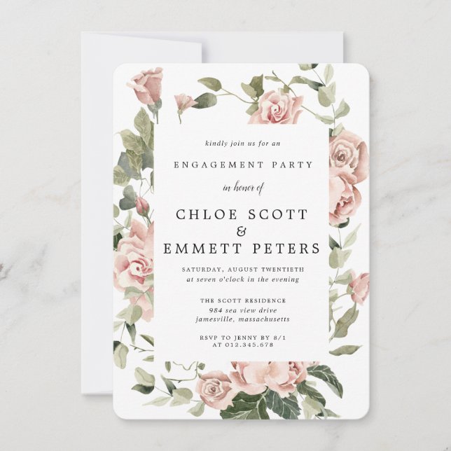 Elegant Dusty Pink Rose Floral Engagement Party Invitation (Front)