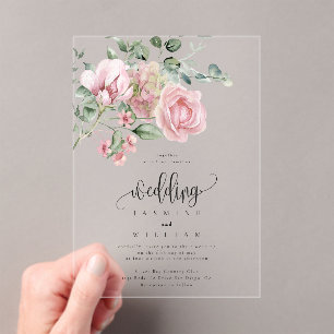 Elegant Dusty Pink Rose Floral Wedding  Acrylic Invitations