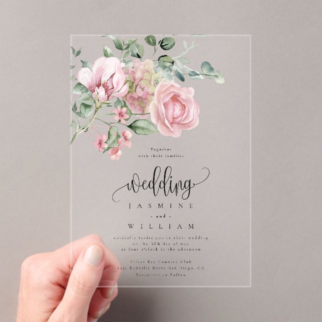 Elegant Dusty Pink Rose Floral Wedding  Acrylic Invitations (Insitu (Handheld))