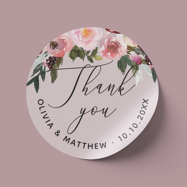 Elegant dusty pink rose. Floral wedding thank you  Classic Round Sticker (Creator Uploaded)
