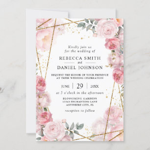 Elegant Dusty Pink Roses & Gold Geometric Wedding Invitation