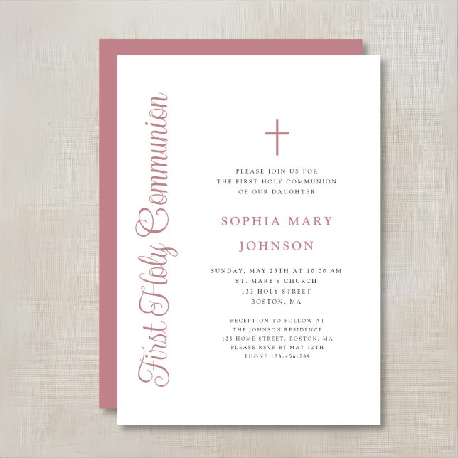 Elegant Dusty Pink Script Girl First Communion Invitation (Creator Uploaded)