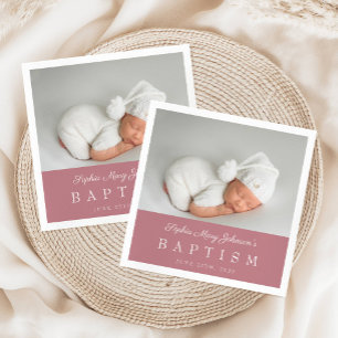 Elegant Dusty Pink Script Photo Baptism Napkin